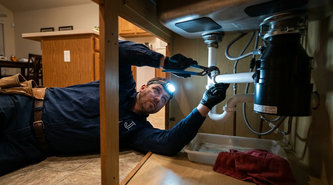 P-trap and supply line connections under a kitchen sink showing a common leak point in Portland, TN